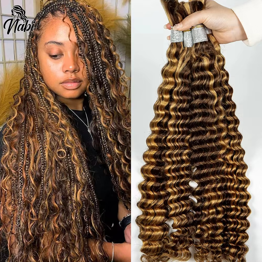 NABI Highlight Honey Blonde Deep Wave Hair Bundles No Weft for Boho Braids 100% Human Hair Extension Bundles for Boho Braiding