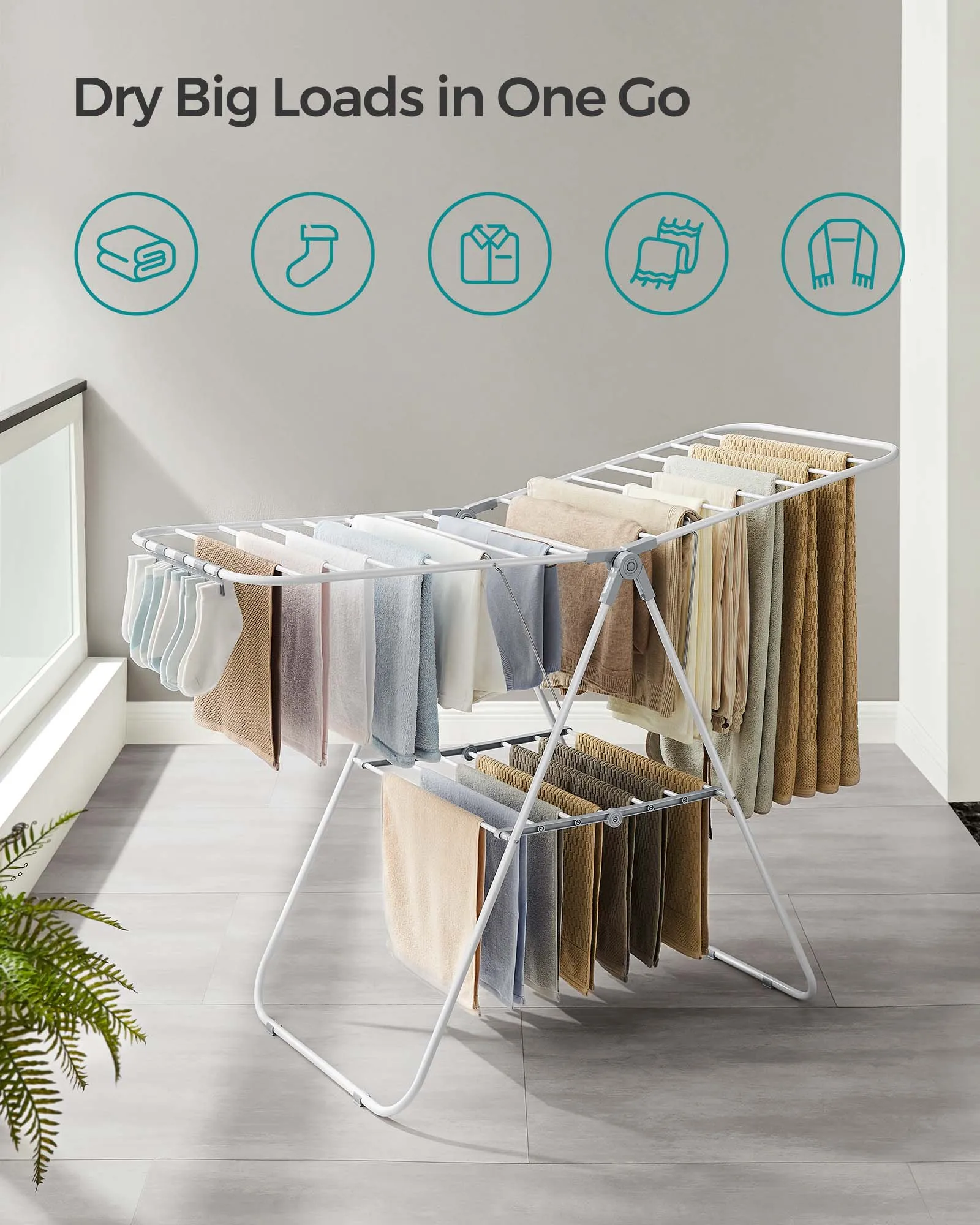 SONGMICS Clothes Drying Rack, with Sock Clips, Metal Laundry Rack, Foldable, Space-Saving, Free-Standing Airer