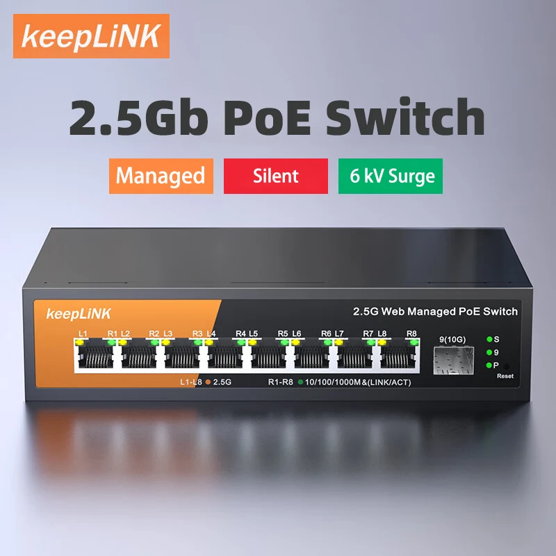 Switch gerenciado multigigabit de 9 portas KeepLink com PoE de 8-2,5 Gbps e SFP + Uplink de 1-10 Gb