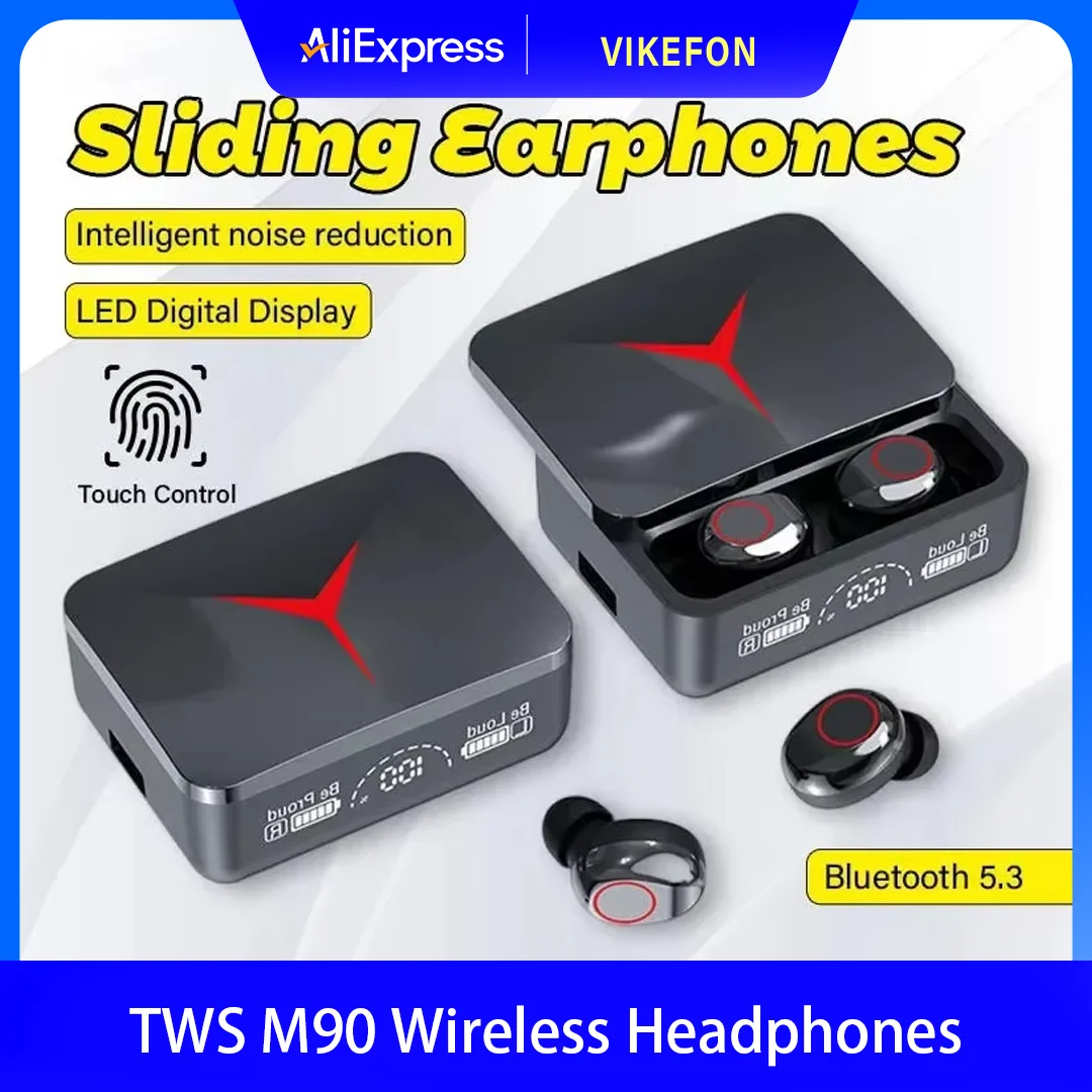 Słuchawki bezprzewodowe M90 TWS Bluetooth 5.3, słuchawki douszne, sterowanie dotykowe, zestawy słuchawkowe do gier, dźwięk stereo HIFI, redukcja szumów z mikrofonem