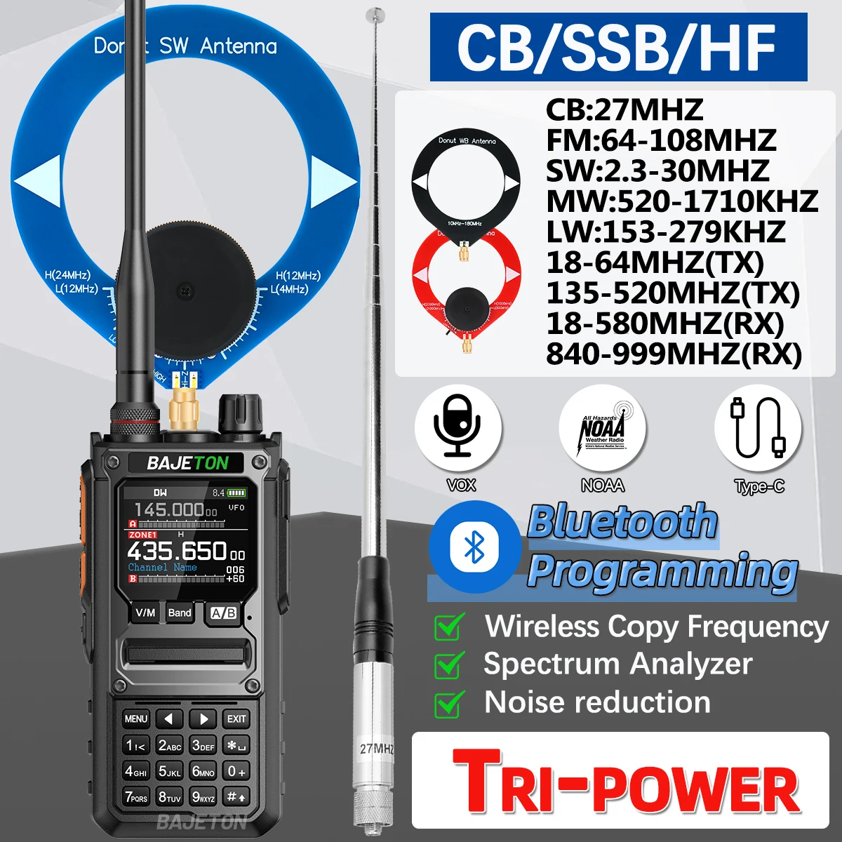 BAJETON BJ-7800 Walkie Talkie de largo alcance SW MW LW AM SSB CB 10W programación inalámbrica de teléfono Bluetooth NOAA Radio bidireccional RT-920