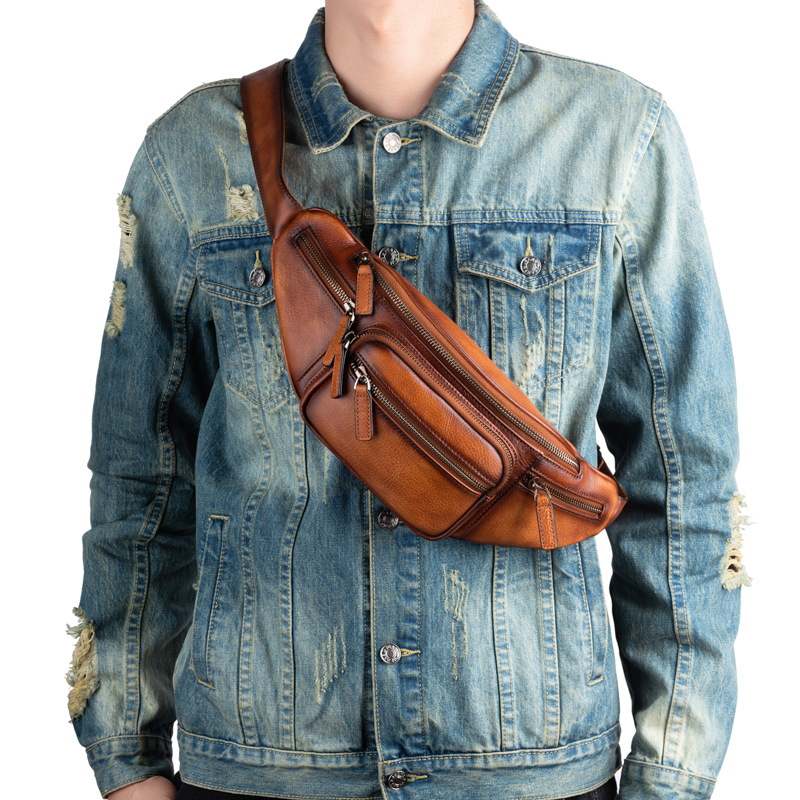 Riñonera de piel de vaca auténtica para hombre, bolso de hombro con bolsillos múltiples, Vintage
