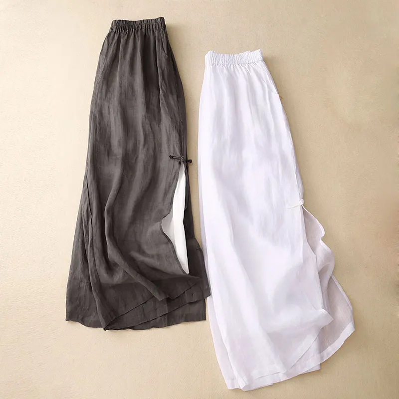 Graue Baumwolle Leinen lässig elastisch hohe Taille mit Futter Damen hose weites Bein knöchel lange Hose für Damen bekleidung Mode