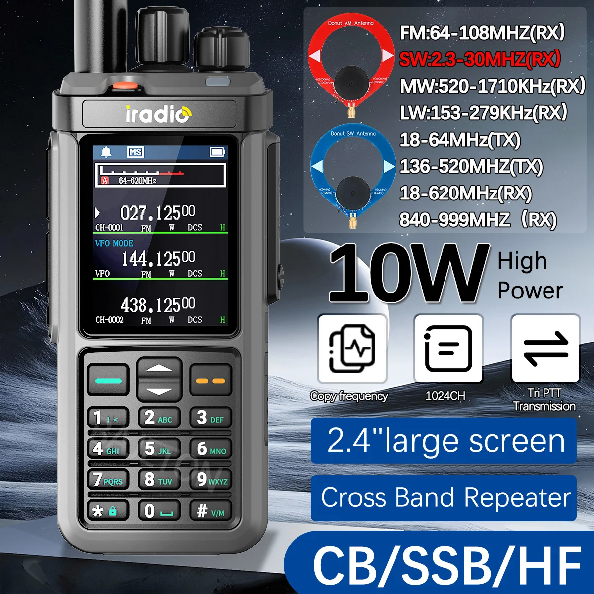 Iradio UV-98 PLUS 10W Radioaficionado multibanda HF UHF VHF con AM USB LSB CW CB LW MW SW SSB Repetidor de banda cruzada 2,4 "gran pantalla