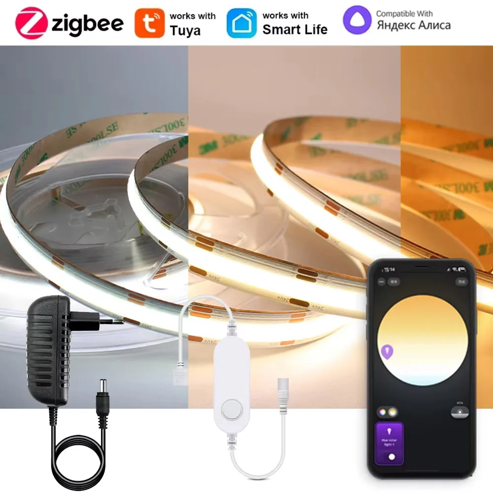 Tira de luces LED Zigbee 3,0 CCT COB de 1M-5M, 24V CC, cinta LED de doble Color lineal 2700K-6500KRA90 Tuya Zigbee regulable para Smartthing Alexa
