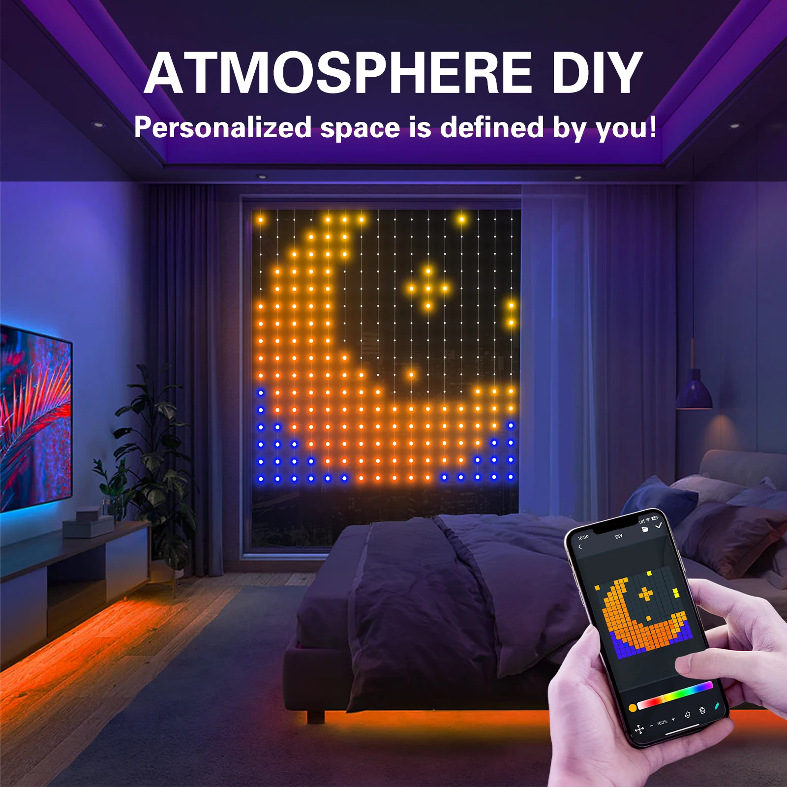 Smart Curtain Light Bluetooth LED Smart String Fairy Light 1.6m*1.6m Garland Light For Christmas Party Bedroom Decoration