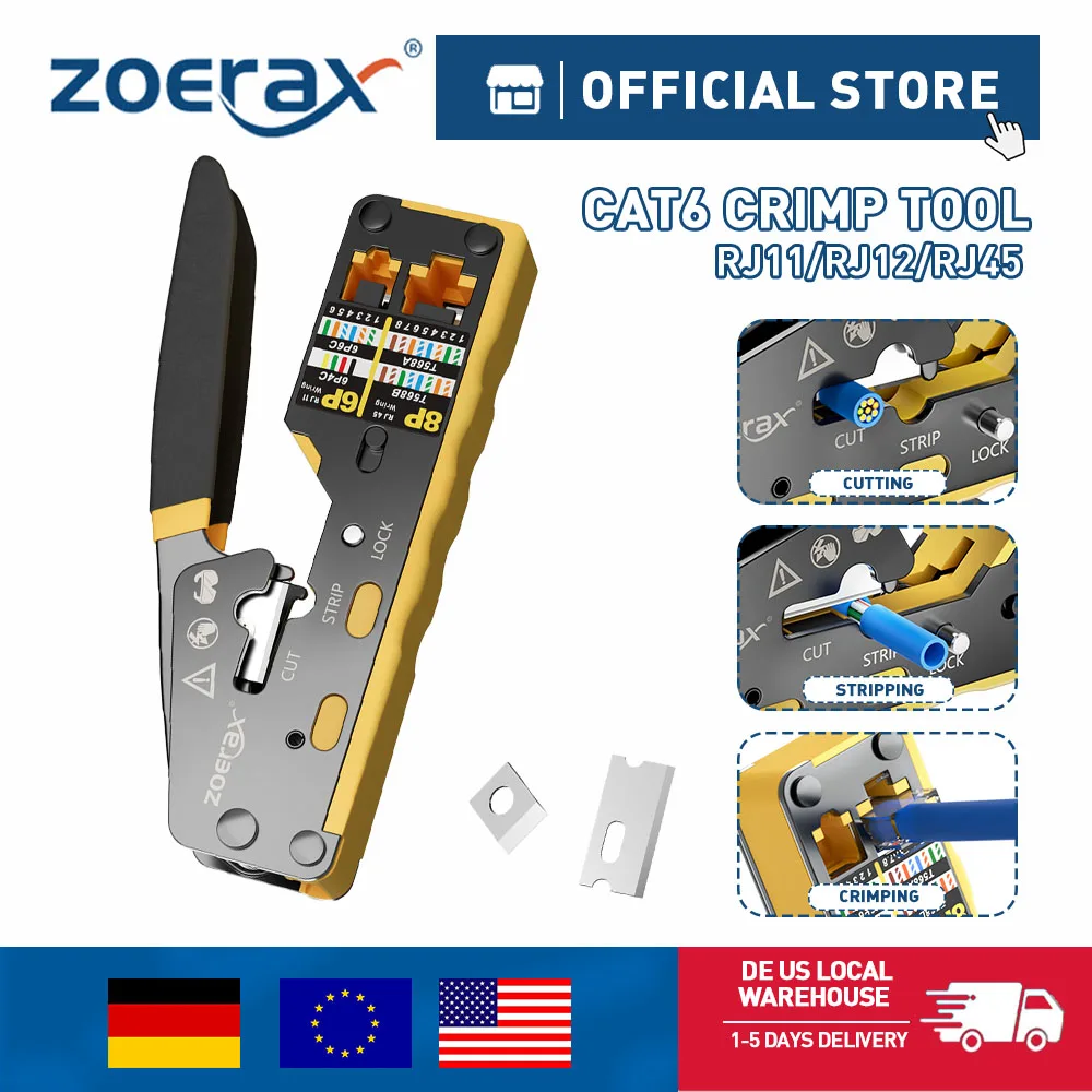 ZoeRax RJ45 Krimptang Pass Through Crimper voor Cat6/5e/5 Ethernet Connector Alles-in-een Draad Tool met Vervanging Blade