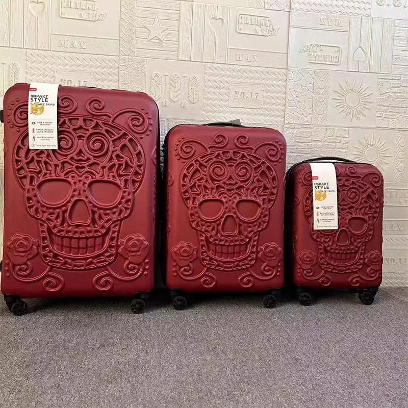 Bagagem de rolamento de cabine com rodas, mala, trole, alfândega, TSA, 3D Skull, nova moda, conjunto de 3, 20 ", 24", 28"