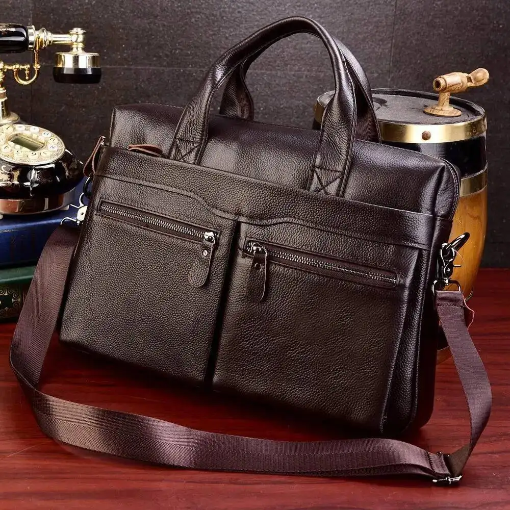 Bolso para ordenador portátil de negocios, bolsos auténticos, maletines de viaje para hombre, bolsos de mensajero de cuero de vaca de calidad alta