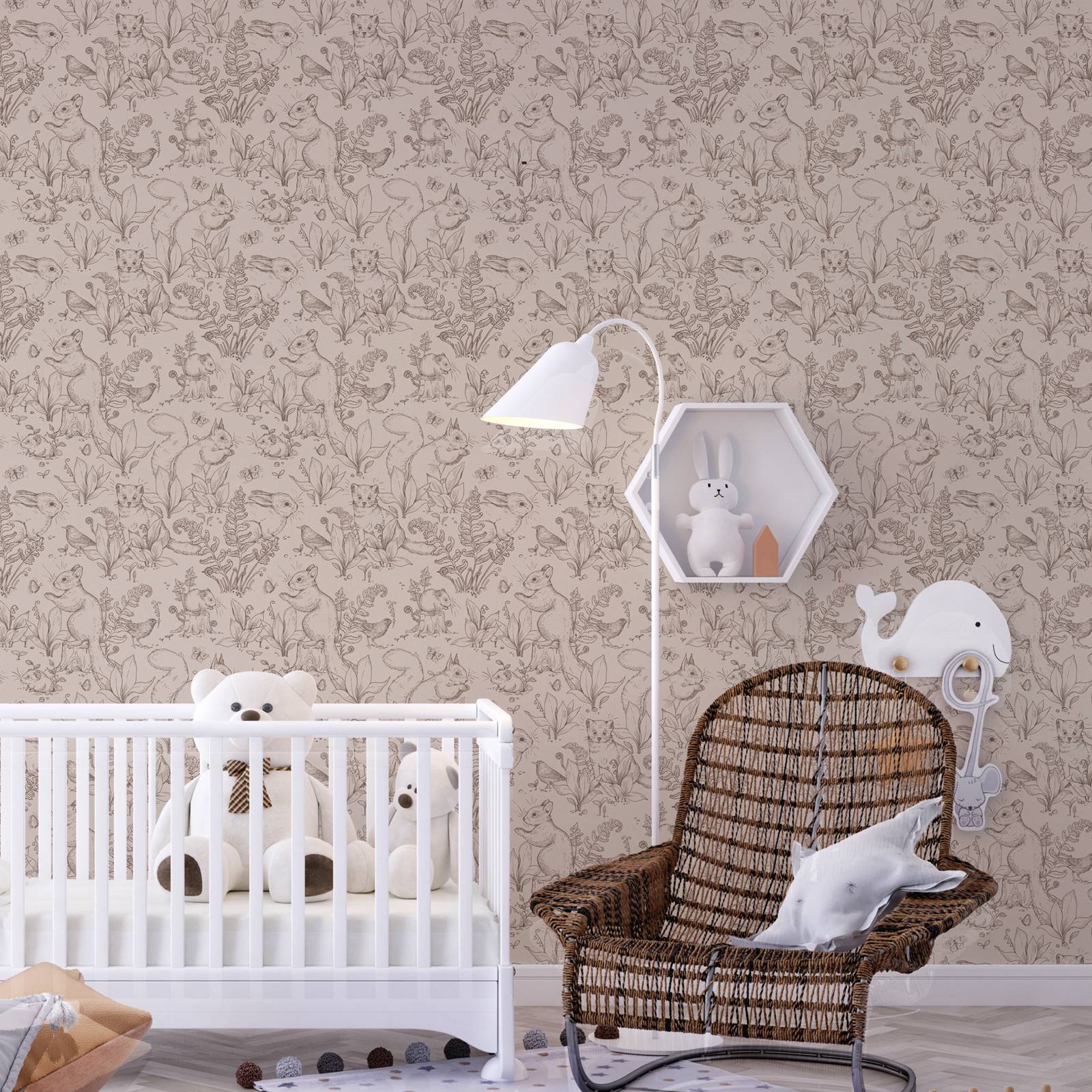 Papel de parede Forest Life. Papel de parede bege com animais em estilo floresta com Coelho e cachorrinho da pradaria