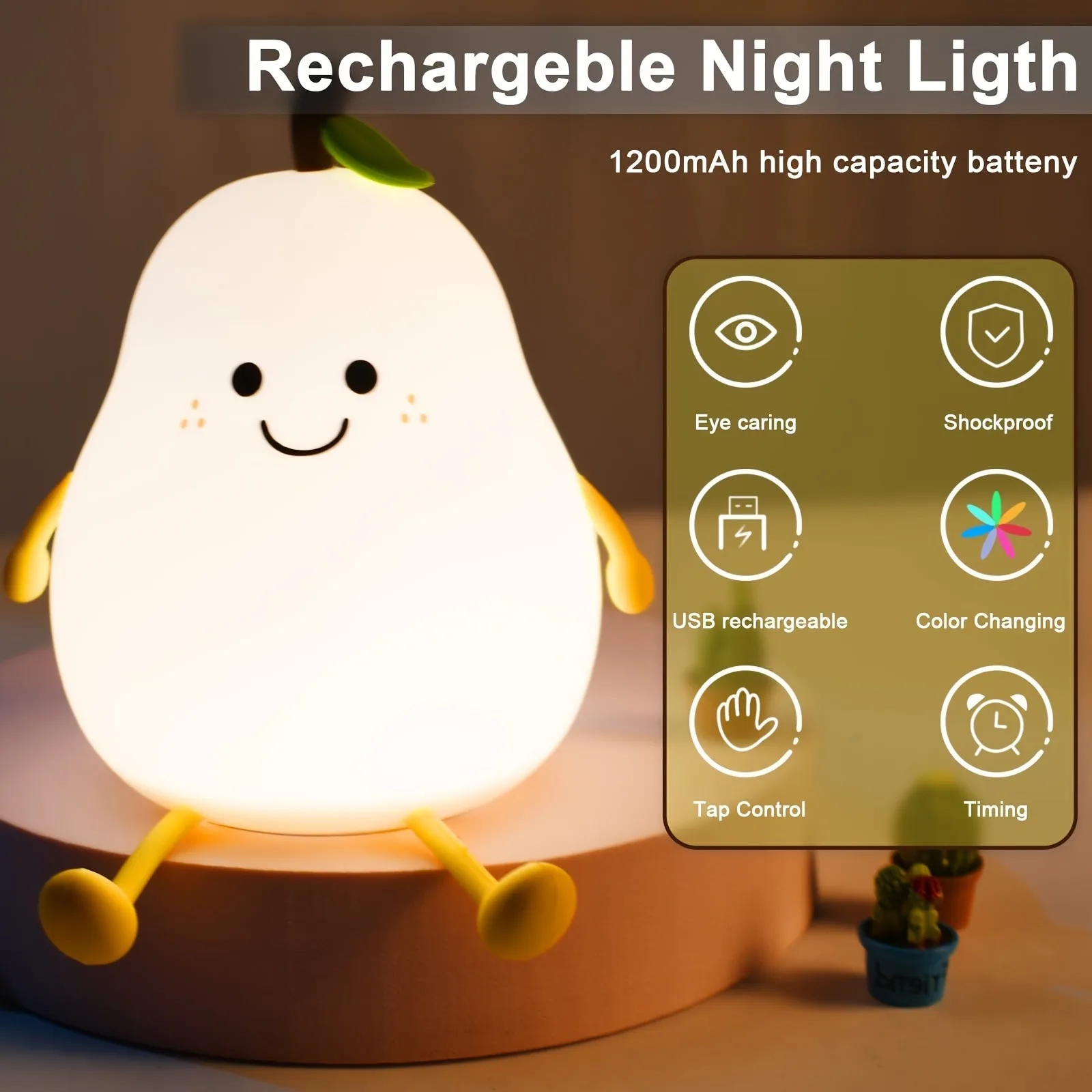Luz nocturna de pera bonita, luz nocturna regulable de 7 colores con control táctil, lámpara de silicona reductora de estrés, recargable por USB, 1 ud.
