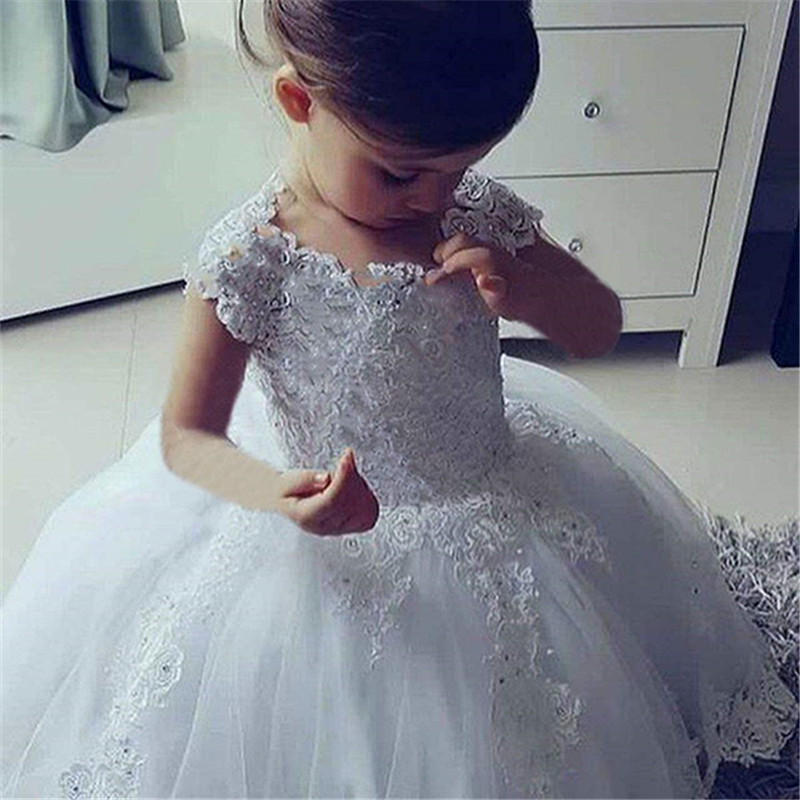 Sleeveless Ballkleid Prinzessin Blume Mädchen Kleider Appliques mit Perlen Stunning Nette Mädchen Erstkommunion Kleid Weiß