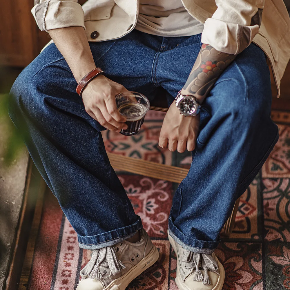 Maden Retro-Jeans mit schwerer, gewaschener Holzfäller, locker, mit Taschen, elastischer Taille, Kordelzug-Design, einfarbig, Freizeithose