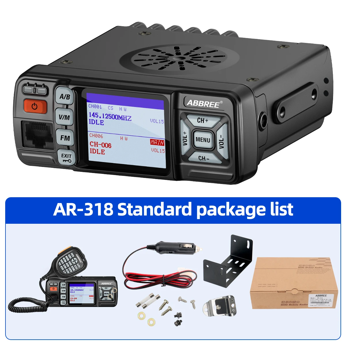 ABBREE AR-318 Mini-Mobilfunkgerät, 25 W, U/V-Band, große Reichweite, Dual-Modus-Uhr, DTMF, Sprachverschlüsselung, Auto-Walkie-Talkie