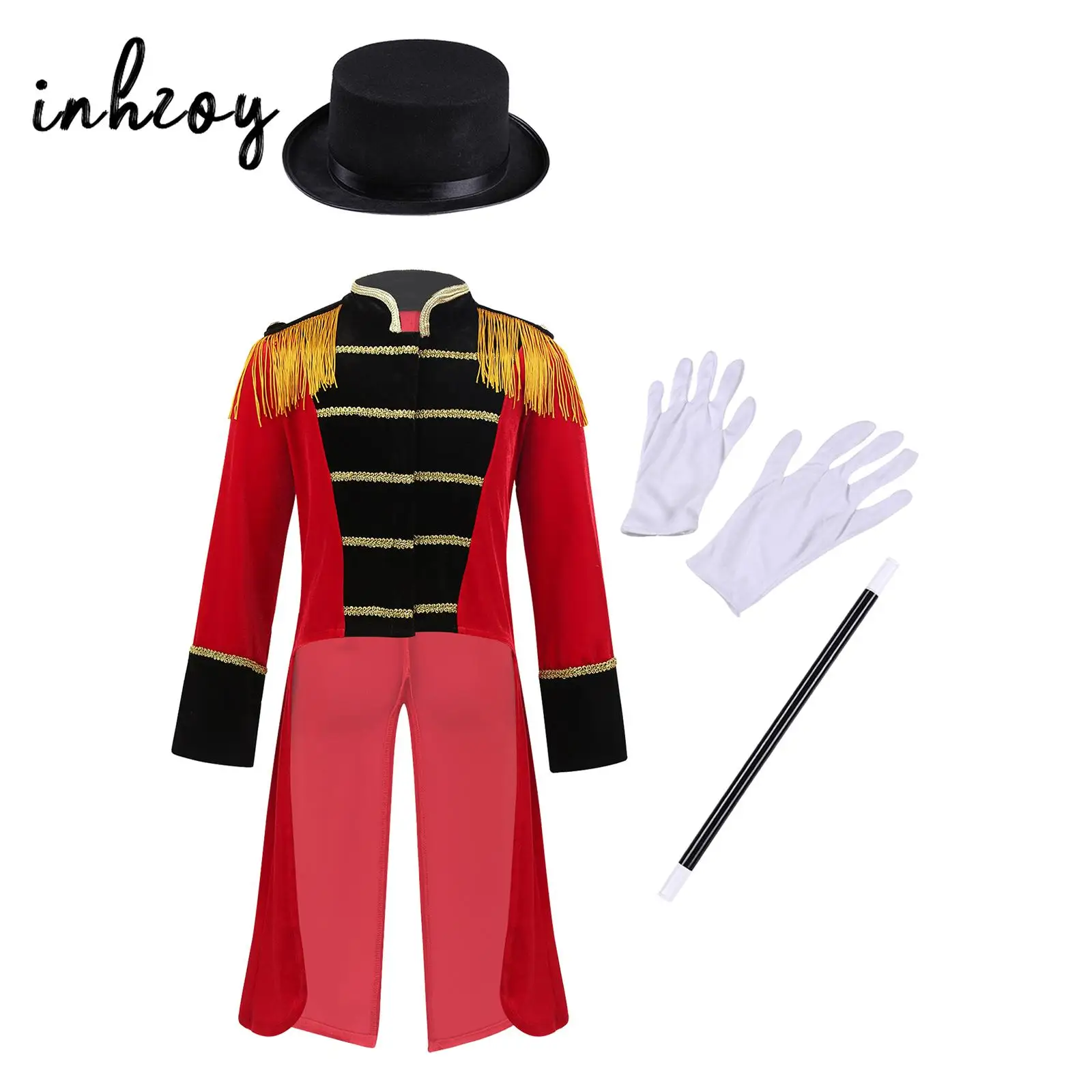 Disfraz de maestro de ceremonias de circo para niños, chaqueta de frac con borlas de manga larga y sombrero, guantes de varita mágica, trajes de Cosplay de Halloween