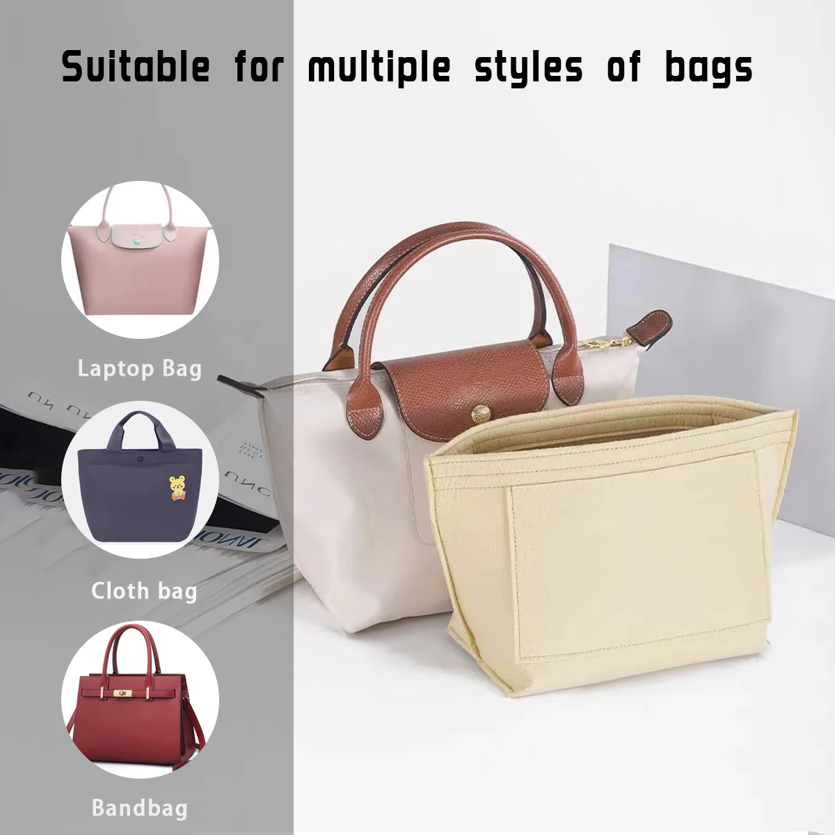 La borsa in feltro foderata con inserto si adatta alla borsa per cosmetici di stoccaggio foderata con supporto LongChamp Tote