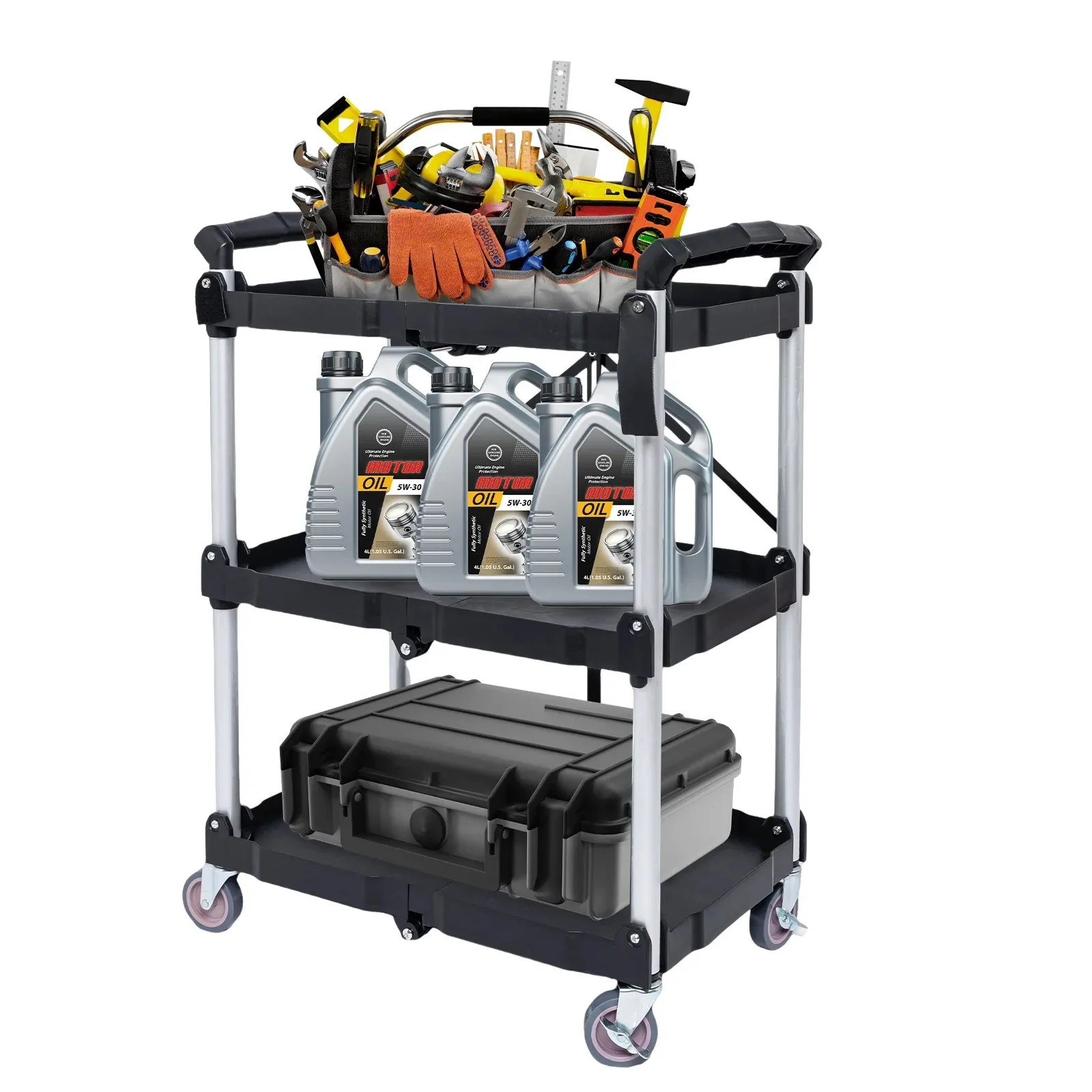 Foldable Service Carts with Wheels 3 Tier Portable Utility Rolling Tool Garage Cart Collapsible Storage Cart