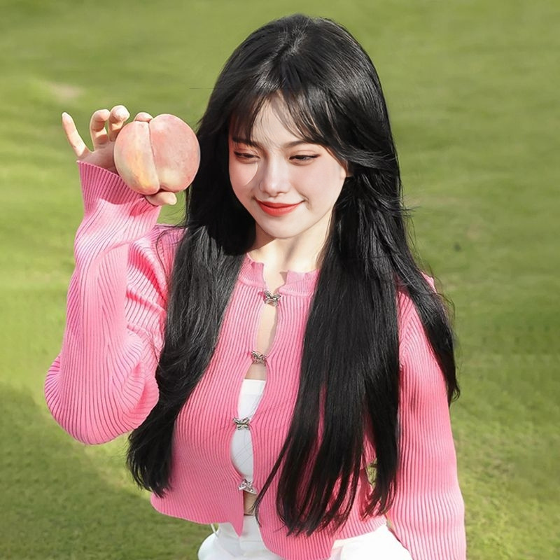 Beige en witte synthetische pruik lang steil haar vrouwelijk zijden mechanisme op hoge temperatuur met pony hele pruik volledige hoofdset