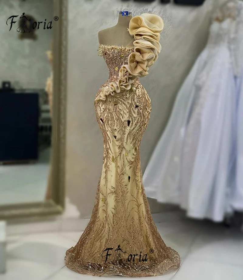 Turkse Vrouwen Champagne Zeemeermin Avondjurken Verstoorde Schouder Kristal Kralen Bruiloft Speciale Ceremonie Jurken Prom Dress