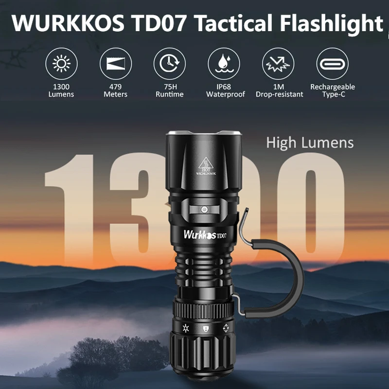 Wurkkos TD07 18350 linterna táctica 1300LM 479M lámpara recargable de largo alcance IP68 Mini antorcha con anillo de dedo interruptores duales