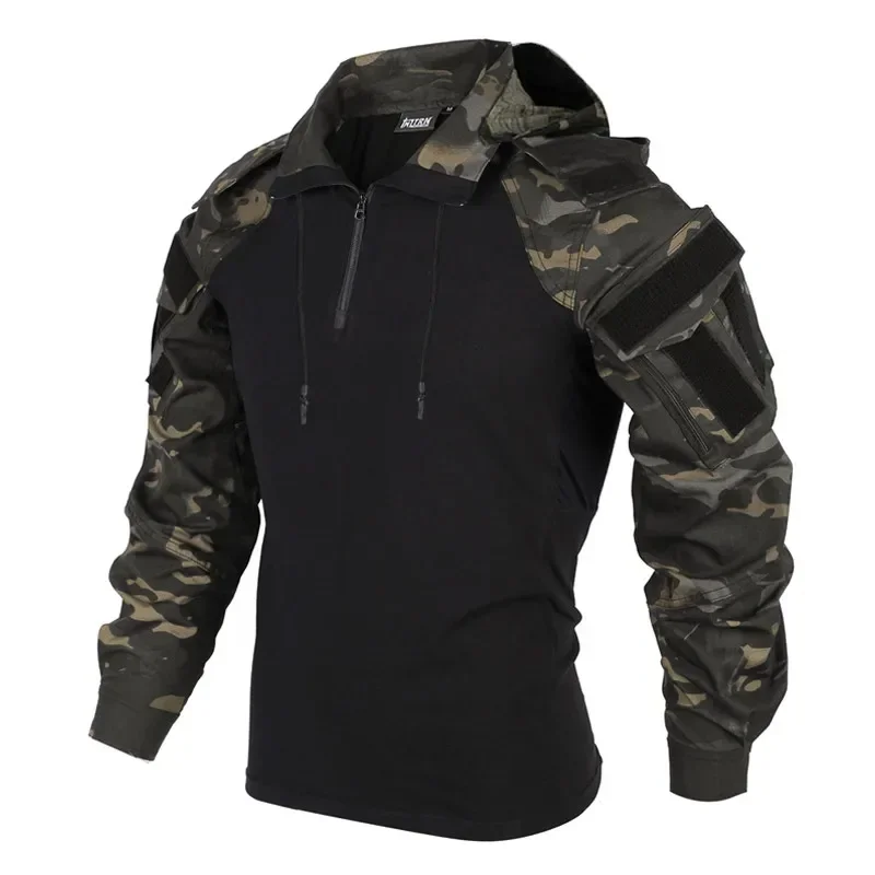 Camisas al aire libre, camiseta de combate de camuflaje con capucha, camisa táctica de trabajo para hombre, ropa de caza para acampar, Paintball, resistente al desgaste