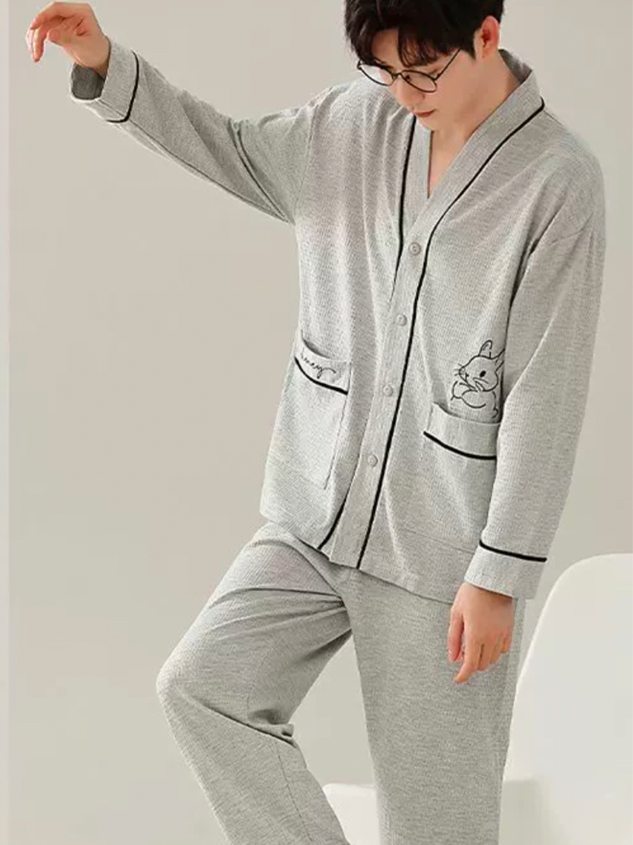Pijamas para homens primavera e outono de manga comprida jovens simples casual lapela outono e inverno conjunto de roupas para casa