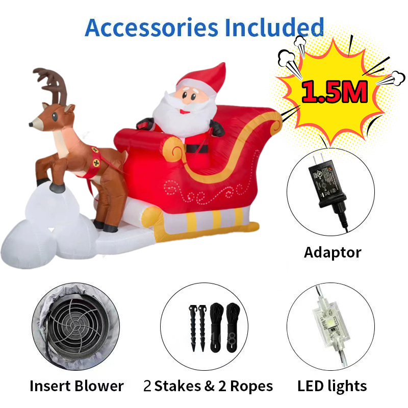 Kerst Opblaasbaar 1,5M Kerstman Rijden Slee Rendier Ingebouwde LED Binnen Buiten Leuke Decoratie Yard Garden Holiday Party