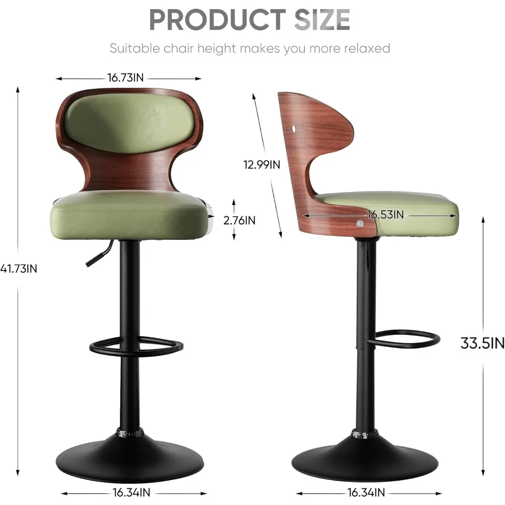 Bar Stools Set of 2 Seat Adjustable Height 24.5-33.5IN - Bentwood Swivel Barstools with Back & Footrest - PU Leather Upholstered