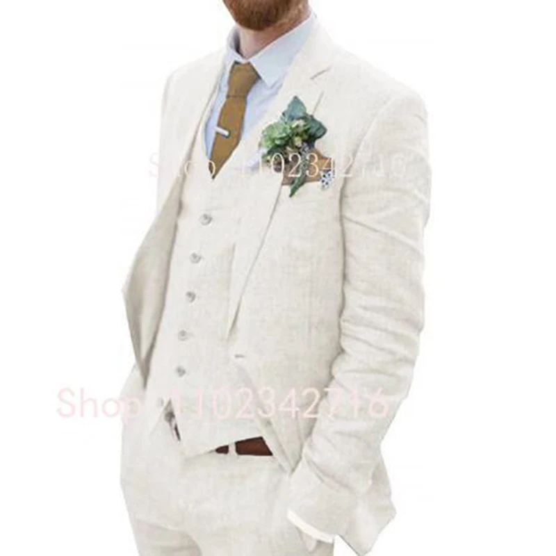 衣装オム 3 ピースリネン男性スーツ 2023 新郎タキシード結婚式の付添人夏のビーチ男性スーツ (ジャケット + パンツ + ベスト) Terno