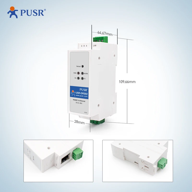 PUSR Din Rail RS485 para Conversor Ethernet Servidor de Dispositivo Serial Modbus RTU para TCP Modbus Gateway USR-DR302