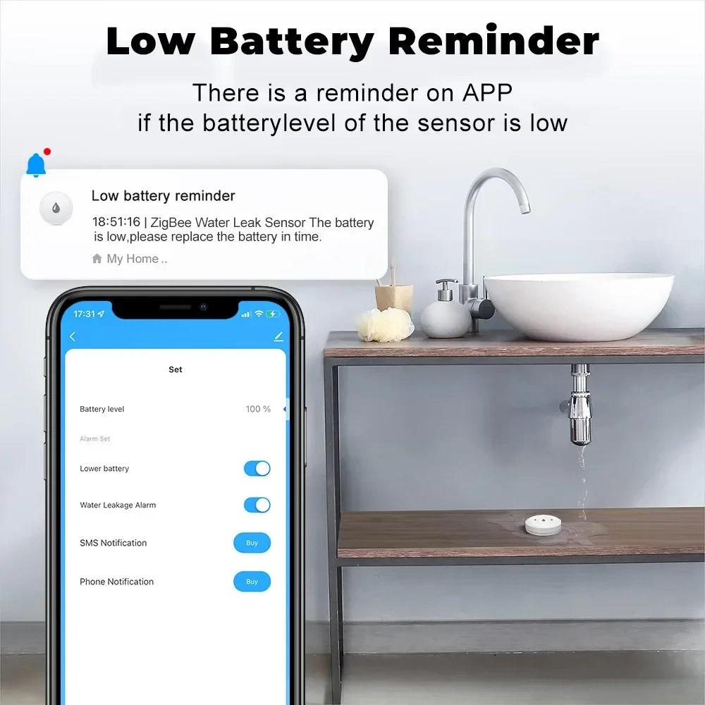 Tuya Smart Zigbee Water Sensor Flood Water Leakage Detector Alarm App Remote Monitoring Support Google Assistant Smart Life