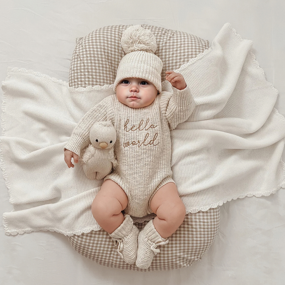 Ylsteed olá mundo tricô recém-nascido fotografia macacão com chapéu de pompom combinando bebê menino menina camisola roupas para sessão de fotos