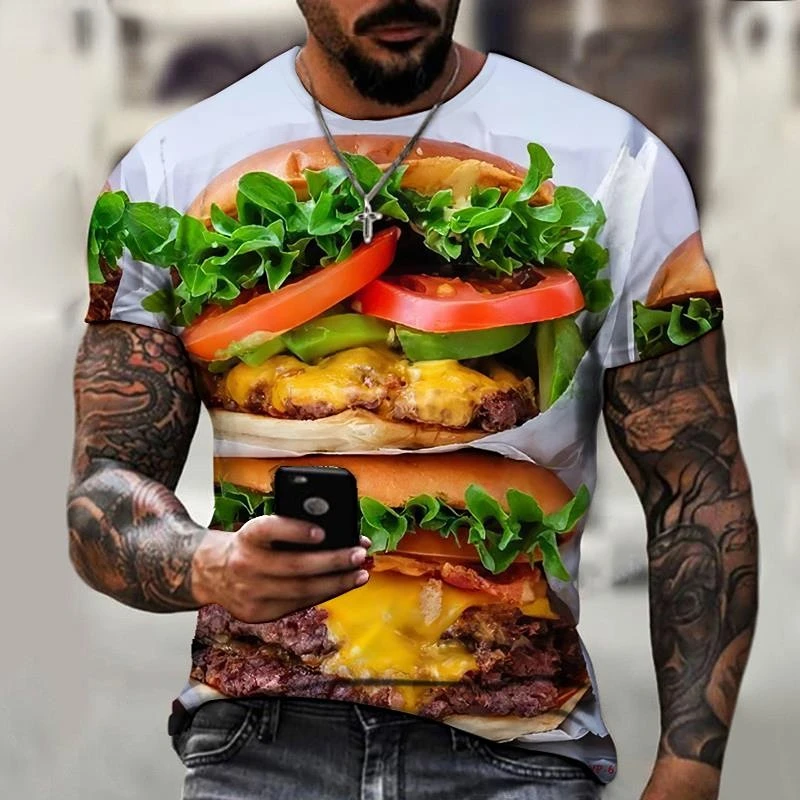 Kaus pria musim panas baru 2023 Hamburger bir ayam goreng 3D dicetak leher bulat kualitas tinggi pakaian mode Jalan