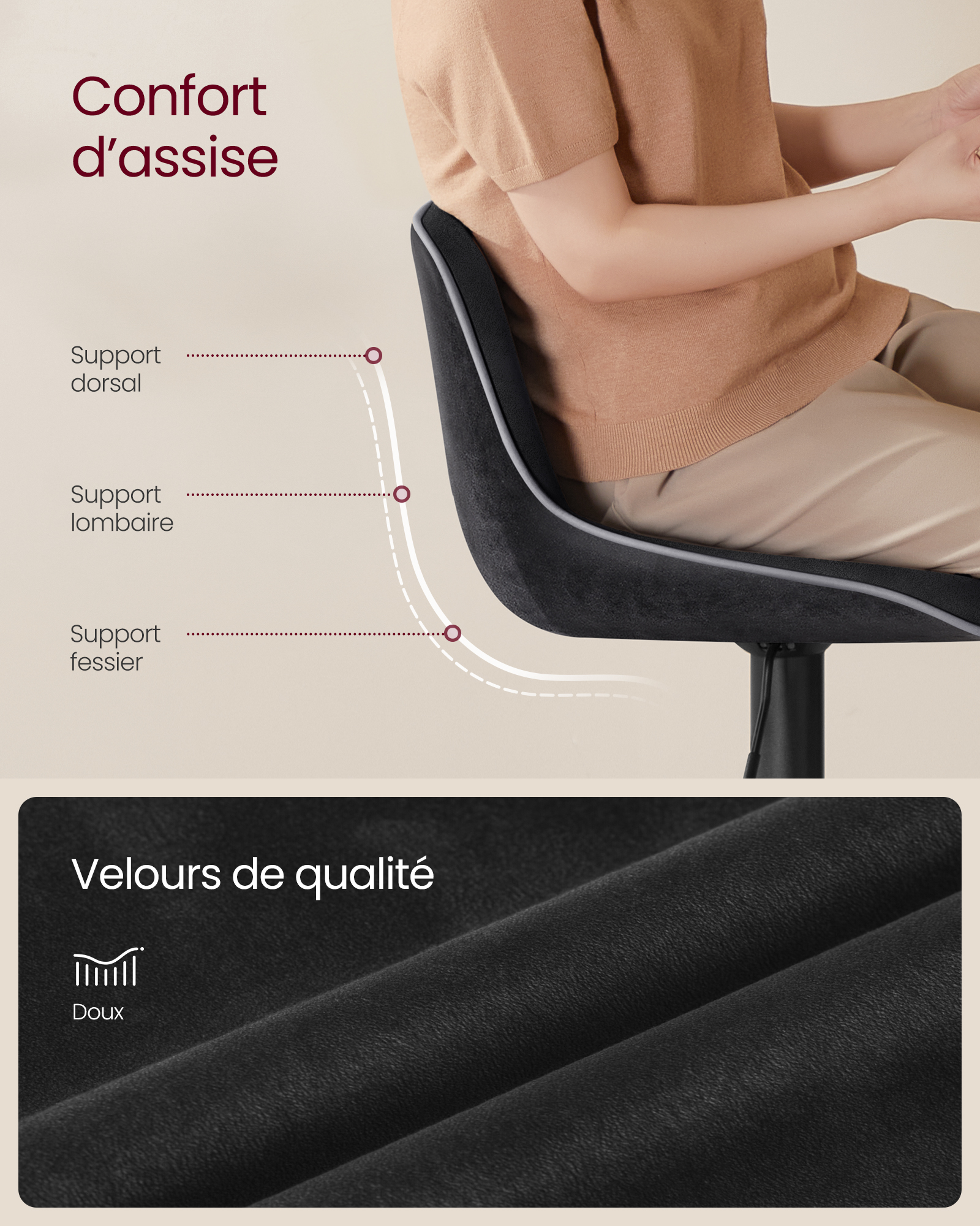 Lot de 2 Tabourets de Bar, Pivotants, Réglables en Hauteur, Dossier Ergonomique, Velours, Base Métallique, Modernes,  Noir d'encre