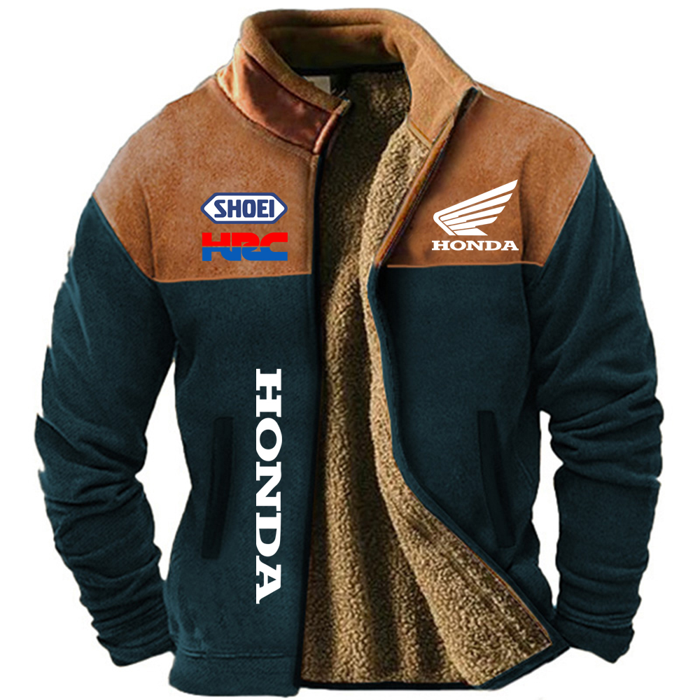 ​​Honda Ethnic Retro Style: Men's Winter Wool Jacket - Windproof Warm Riding Wear for Outdoor Motorcycle Enthusiasts