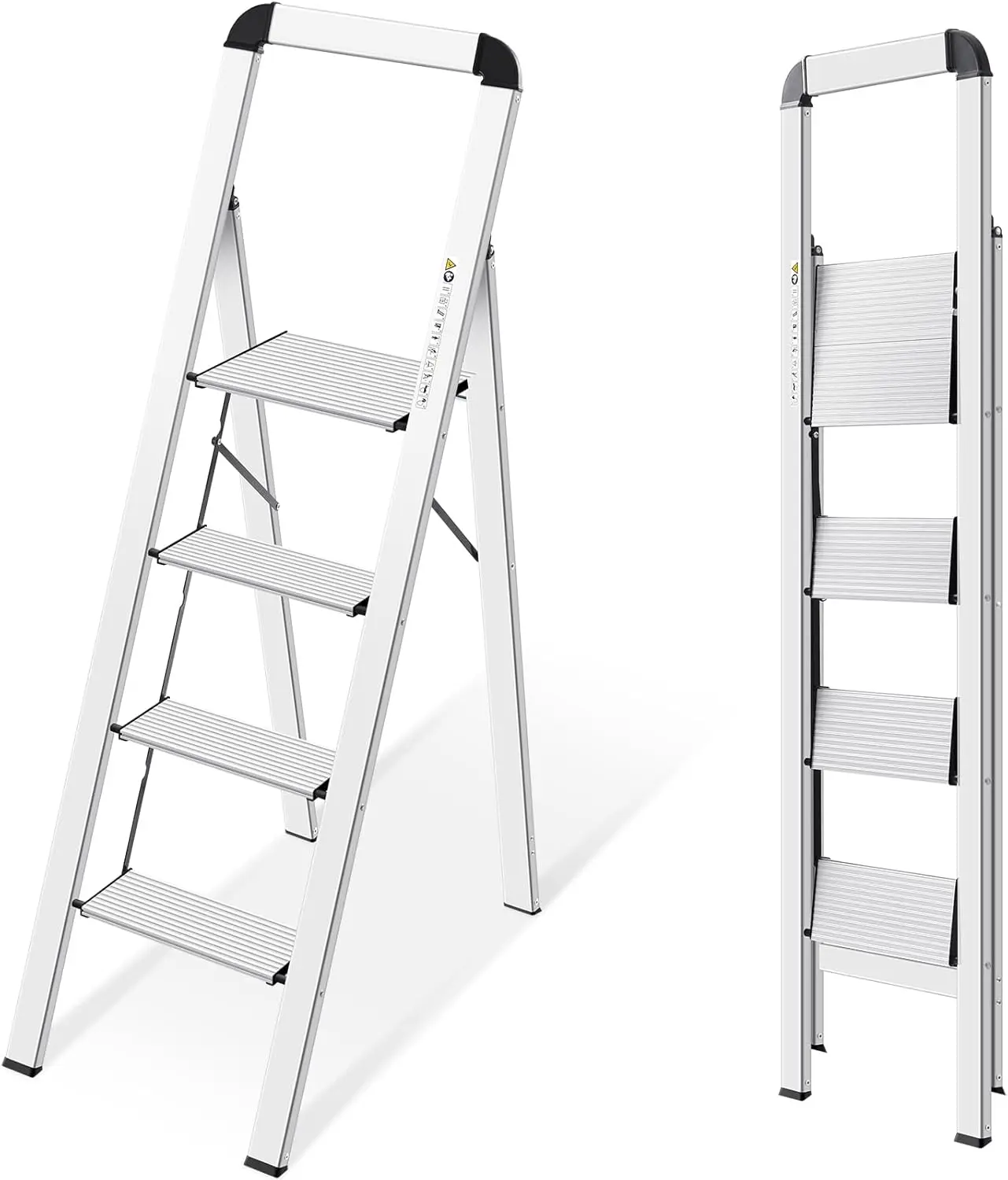 Escalera de tijera plegable de aluminio de 4 escalones, escalera doméstica estrecha con pasamanos, plegable, ahorro de espacio, plateada