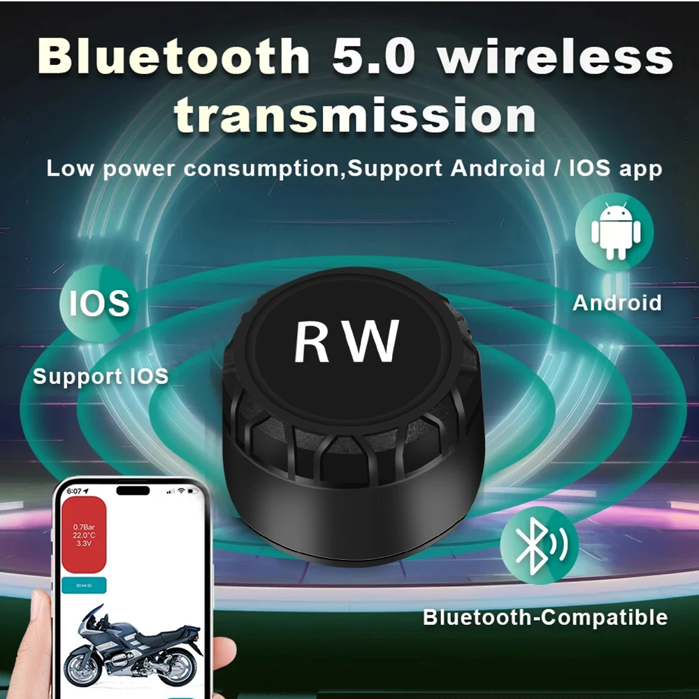 Sistema de supervisión de presión de neumáticos TPMS inalámbrico Bluetooth5.0 para motocicleta IP67 resistente al agua con 2 sensores externos compatible con Android/IOS