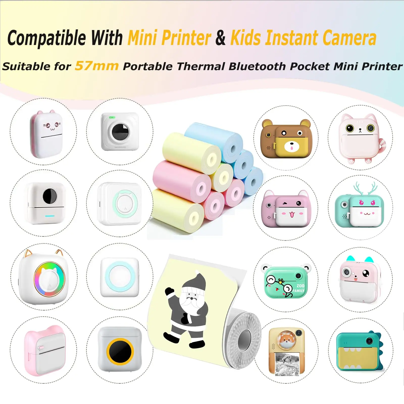 5 Color Paper Printer Thermal Paper Photo Rolls 57*25MM White Color Gift DIY Non-Adhesive Photo Print Rolls Mini Printer Paper