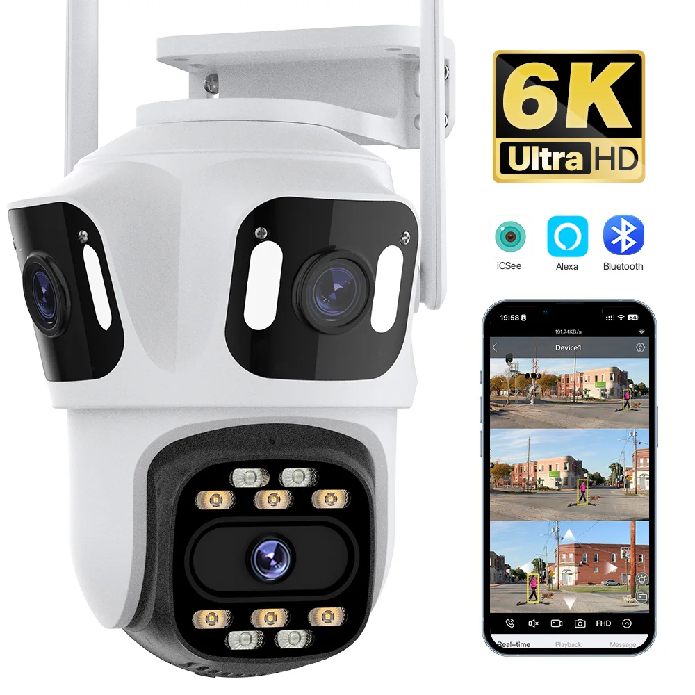 Telecamera PTZ WiFi esterna a tre obiettivi HD 6K Telecamera esterna 4K a doppio obiettivo per rilevamento umano Telecamera di sorveglianza di sicurezza CCTV iCsee