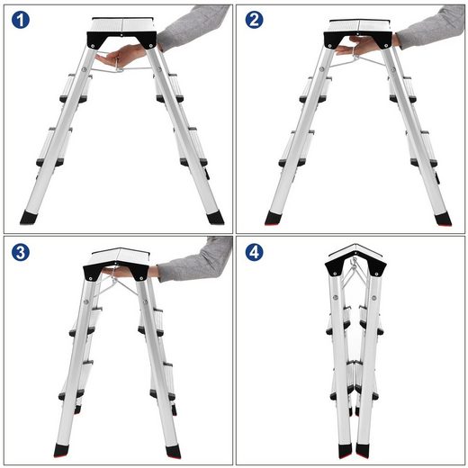SONGMICS Trittleiter, Leiter, Aluleiter, 3 Stufen, Stehleiter, Mehrzweckleiter, bis 150 kg