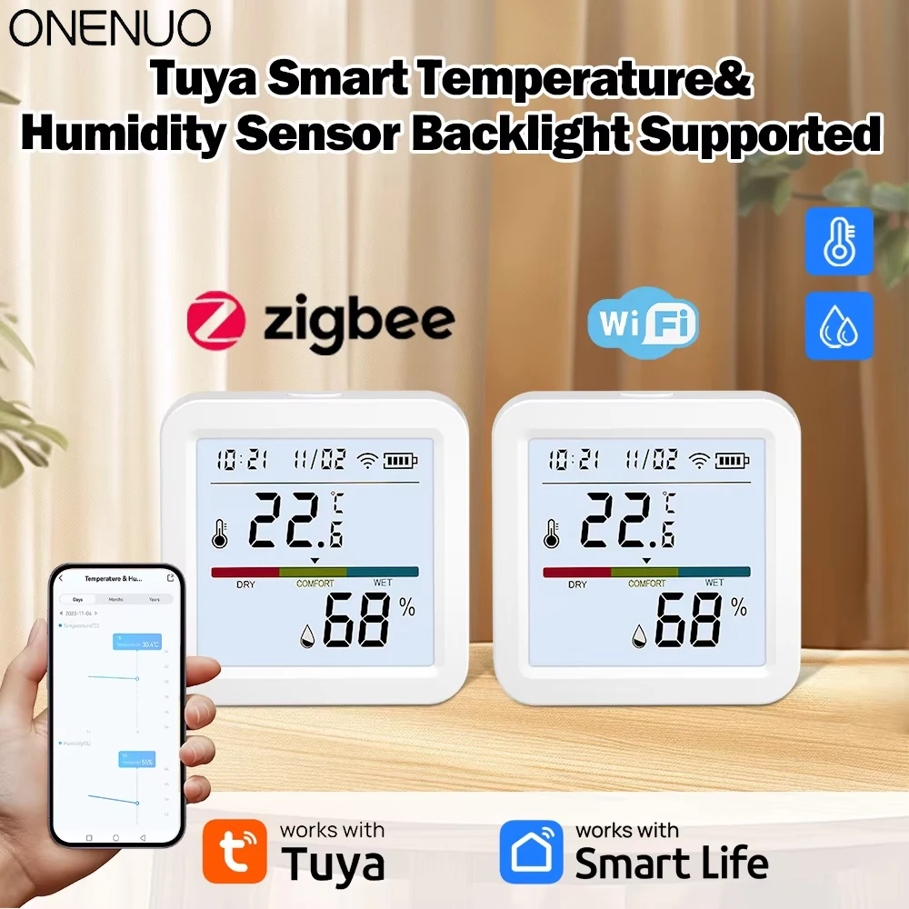 Tuya-Sensor inteligente de temperatura y humedad, WiFi/Zigbee con retroiluminación, higrómetro interior, termómetro, Control por voz a través de Alexa y Google