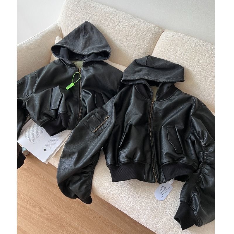 Double-Sided Wear PU Leather Black Hooded Jacket Women's Short Sle Winter New Fashion Retro Coat Top Zipper Sleeve Long