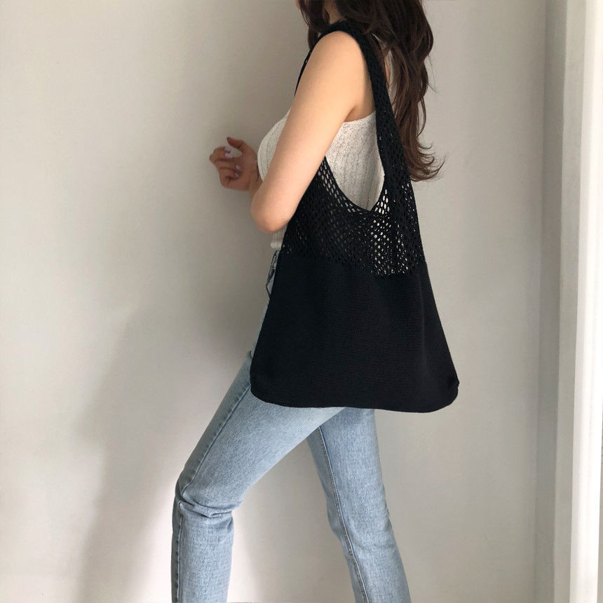 Neue Trend frauen Tasche Häkeln Handtasche Retro Gestrickte Geflecht Einfarbig Hohl Schwarz Khaki Top-griff Einkaufstasche shopper