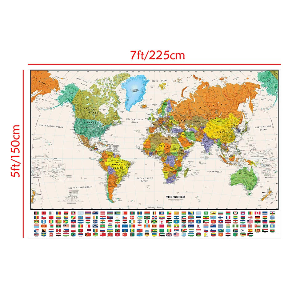 Mapa del mundo de 150x225cm para educación, mapa en aerosol no tejido, imagen decorativa colgante, suministros para oficina y escuela, decoración del hogar