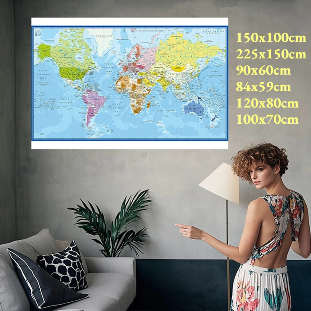 Póster de pared Mapa del mundo idioma francés pintura de vinilo de poliéster suministros escolares de oficina decoración del hogar Carte Monde