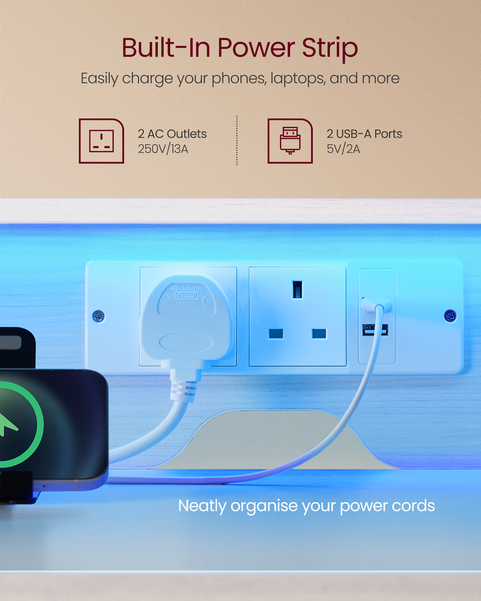 VASAGLE Computer Desk with Fabric Drawers, Study Desk, LED Lighting, 55 x 120 x 90 cm, Built-in Power Outlets, 2 USB-A Ports