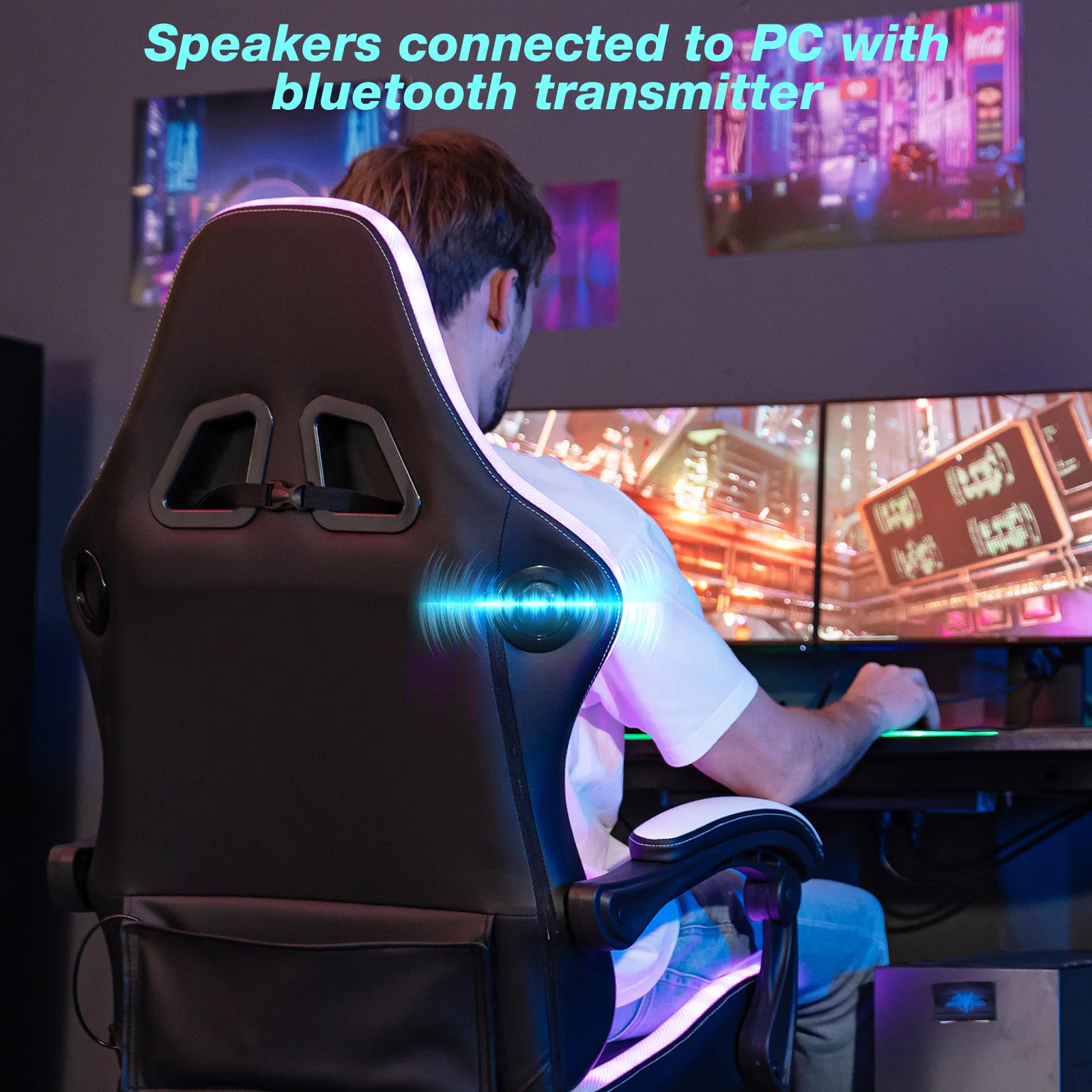Krzesło do gier Głośnik Bluetooth Krzesło biurowe Ergonomiczne oświetlenie LED Masaż Regulowana wysokość Podłokietniki Zagłówek Podparcie lędźwiowe