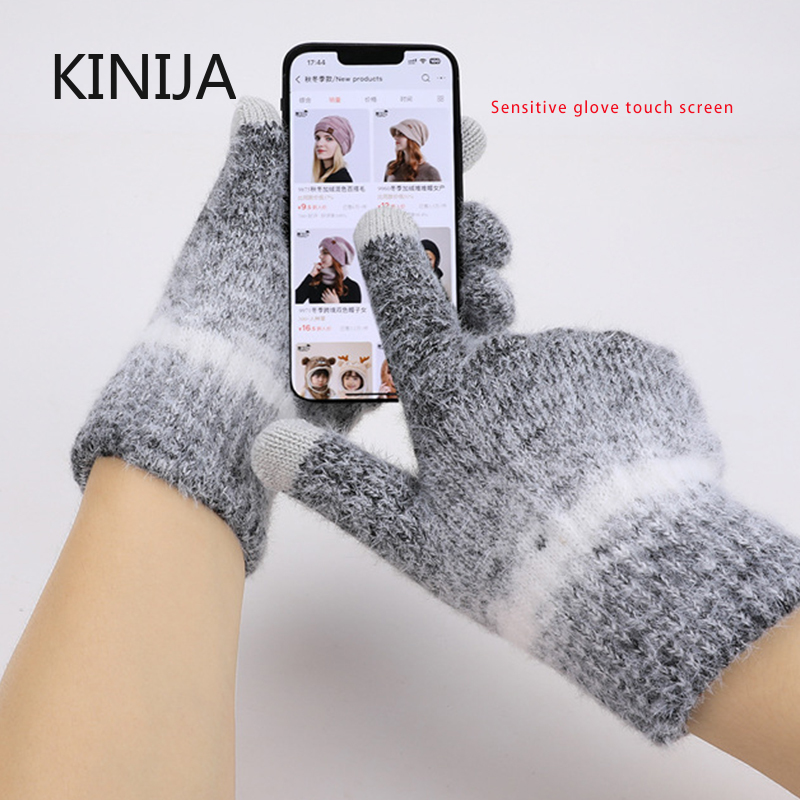 Winter Cap Gloves Scarf Set Women GradientColor Knitted Hat Thickened Fleece Lining Skullcap Outdoor Cycling Windproof Beanies