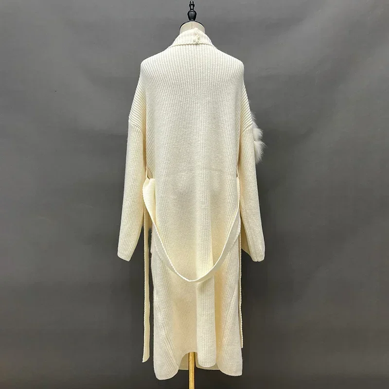 女性のためのキツネの毛皮のトリムベルト付きニットカーディガン,ロングコート,女性のファッションセーター,秋冬,2024