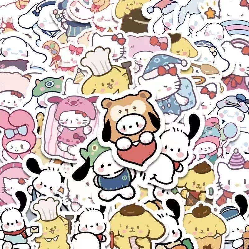 100pcs Hand-painted Sanrio Stickers Cartoon Cute Notebook Ledger Decoration Stickers Kuromi Cinnamoroll Cross Dressing Stickers